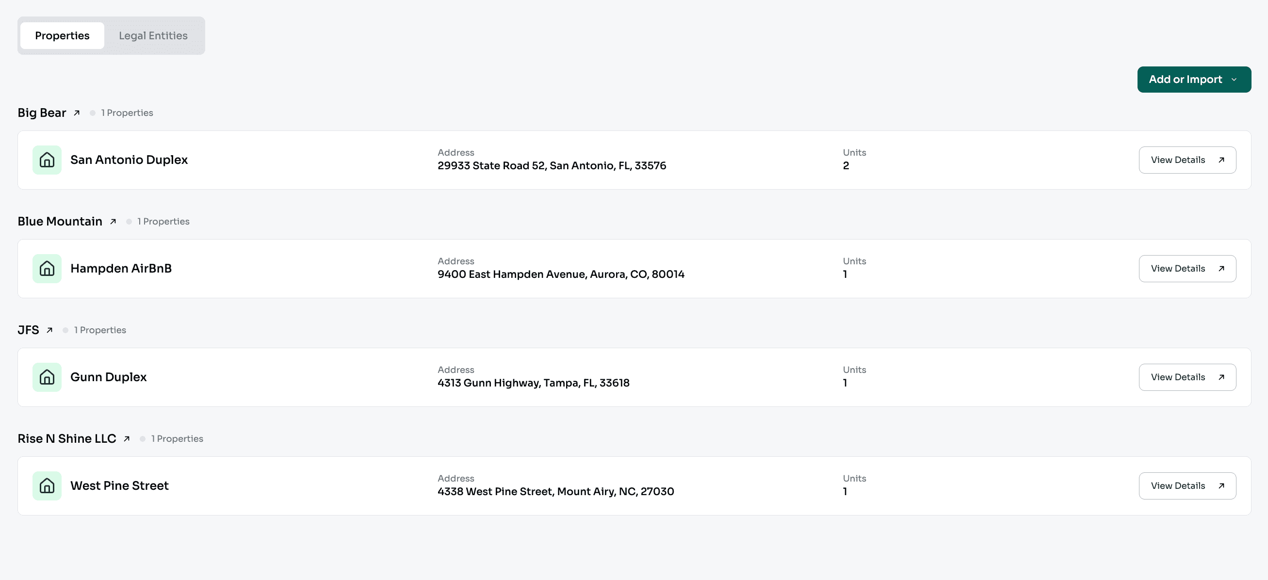 Ledgre property management dashboard showing organized rental properties